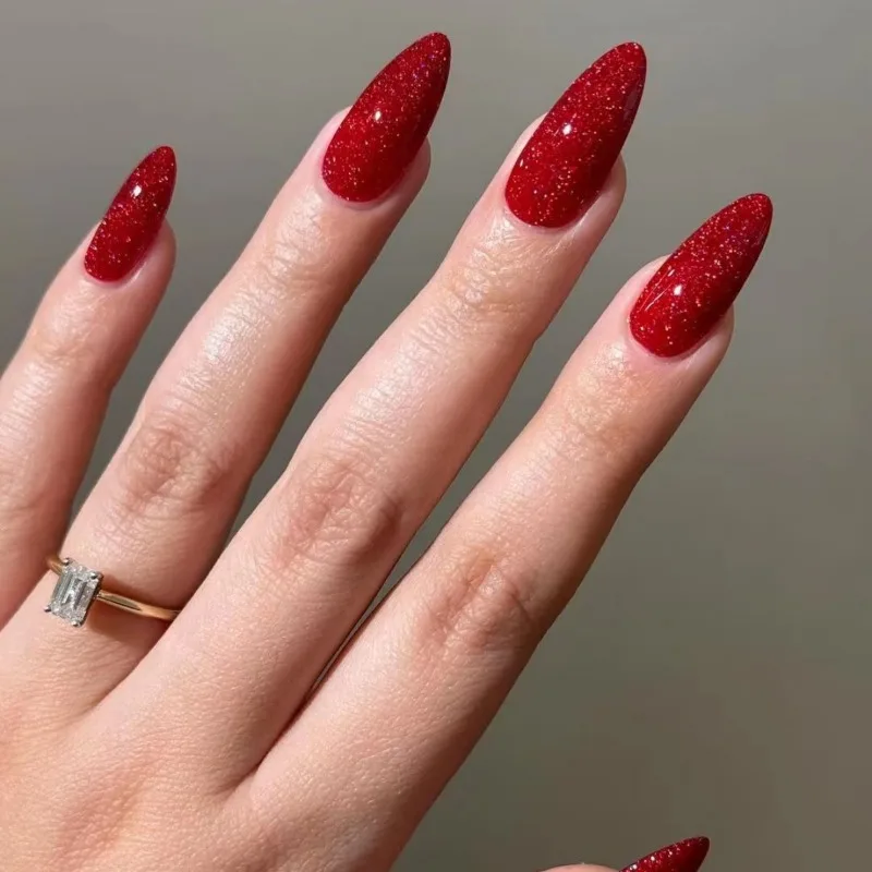 Conjunto de unhas longas e realistas para meninas, amêndoa com brilho vermelho, pontas removíveis, pressione a unha para ficar, verão, 24pcs