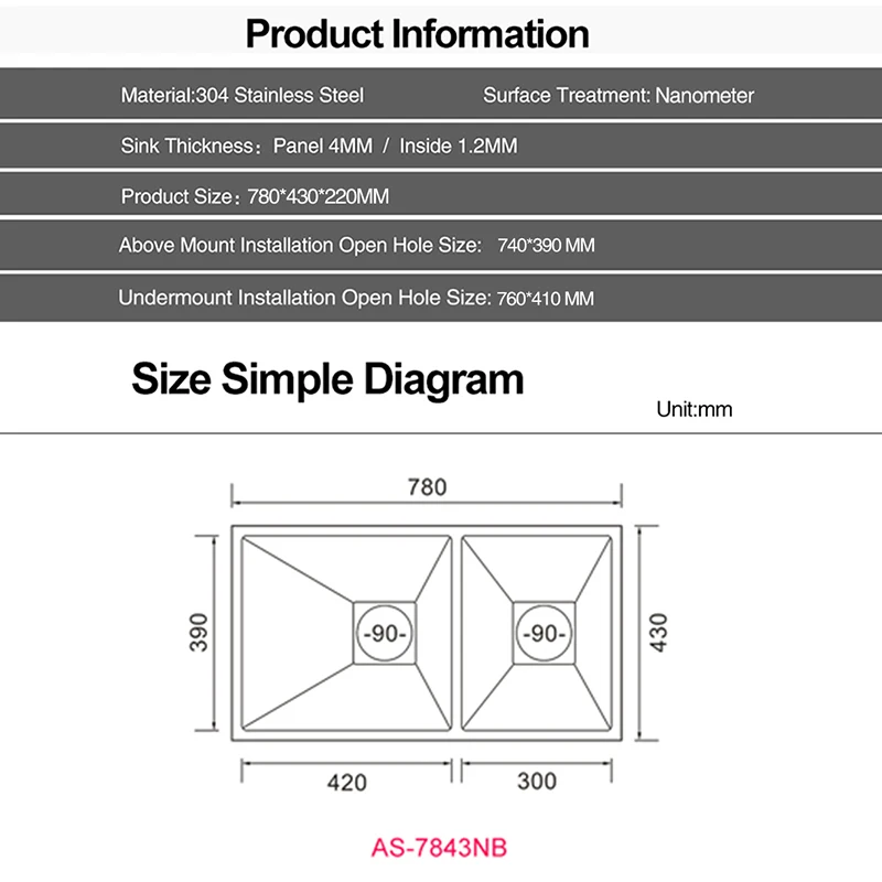 ASRAS-fregadero de cocina doble de gran tamaño, nanómetro negro, SUS 304, acero inoxidable, hecho a mano, 4MM de espesor, bajo montaje