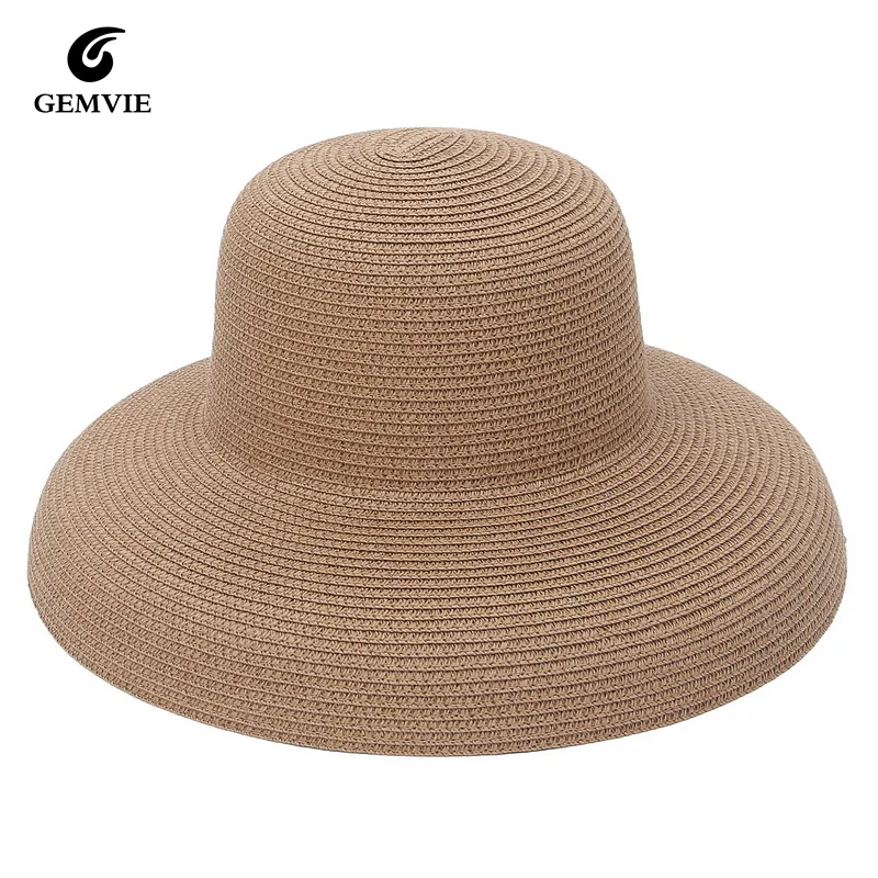 

GEMVIE 2024 Fashion Summer Sun Hats Ladies Solid Plain Elegant Wide Brim Hat Female Round Top Panama Floppy Straw Beach Hat Wome