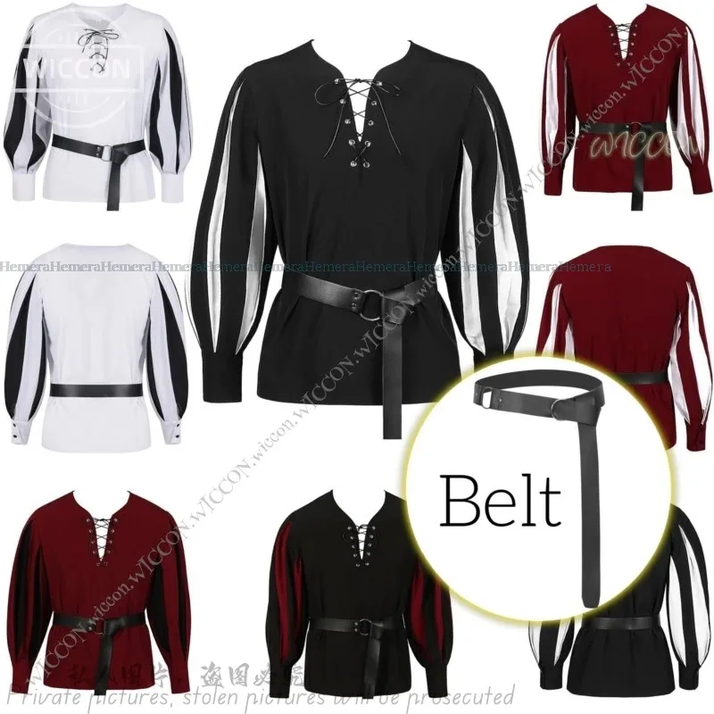 هالوين الرجعية القرون الوسطى الدراما زي مطابقة اللون التعادل قميص تأثيري بلوزة حزام المهرجانات السوداء حفلة تنكرية يتوهم