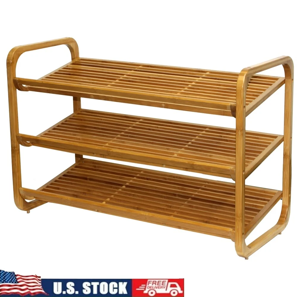 

3-Tier Bamboo Shoe Rack Storage Organizer Holds 9-12 Pairs Features Adjustable Shelves Portable Design Slatted Airflow Easy