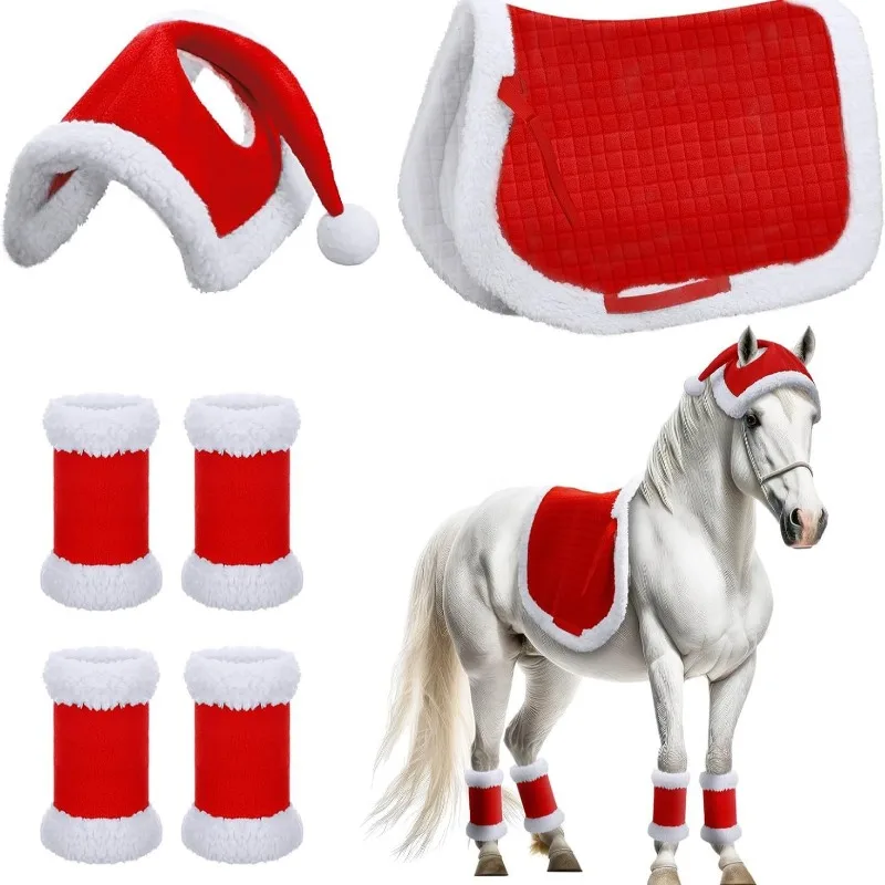 Winter Horse Care Equipment Thicken Warm Horse Leg Weaps Fleece-lined Saddle Pad Kawaii Hat Christmas Red Equestrian Gear