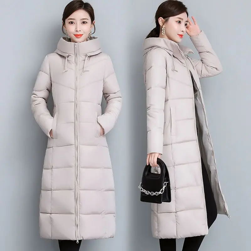 Frauen Winter neue Baumwolle gepolsterte Jacke koreanische Version von schlanken Overknee dicken langen Faden Reiß verschluss einfarbig