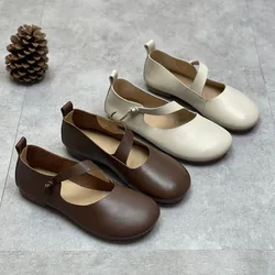 Birkuir Fashion Mary Jane Shoes For Women Elegant Flats Button Shoes Genuine Leather Soft Soles Luxury Round Toe Single Shoes
