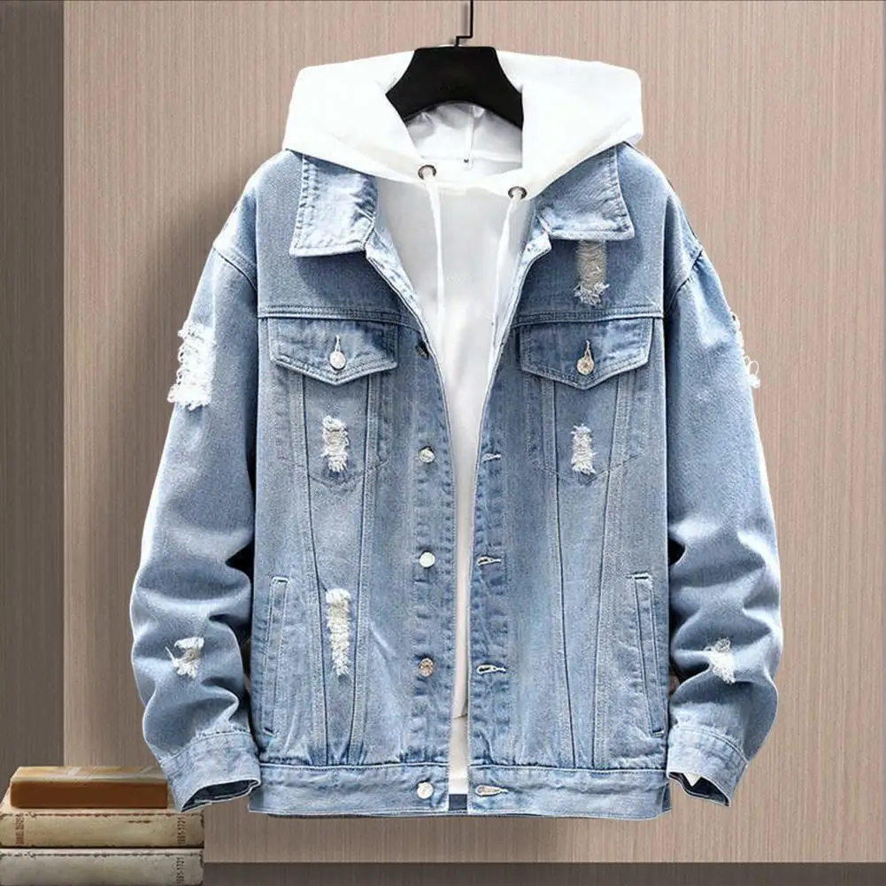

Куртка мужская джинсовая с капюшоном, повседневная верхняя одежда в стиле хип-хоп, облегающее пальто, уличная одежда, осень-зима 2024