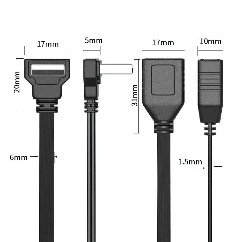 USB 1 to 2 65W Fast Charging Splitter  Extension Cord Flat Phone Elbow Data Computer Car Expander Carplay 10/20cm Cable Mobile