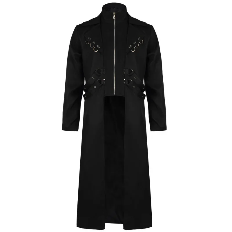 

2025 Men's Black Steampunk Gothic Long Trench Coat Jacket Double Breasted Zipper Punk Tops Cosplay Medieval Halloween Costume