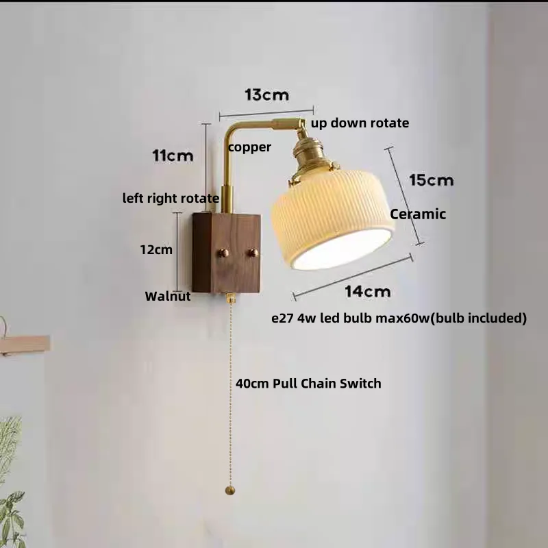 IWHD Rotatable Ceramic LED Wall Lights Sconce Living Room Aisle Bar Nordic Walnut Wood Pull Chain Switch Bedside Lamp Lamparas