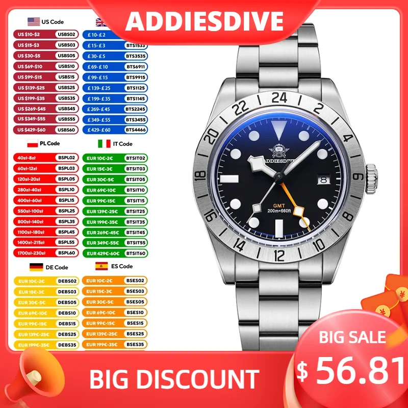 

ADDIESDIVE 39mm AD2035 GMT Watch Business Stainless Steel Quartz Watches Luxury Super Luminous 20Bar Diving Wristwatches For Men