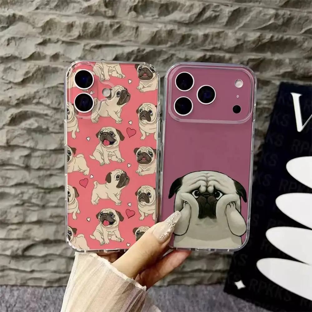 

Cute Pug Dog Phone Case For iPhone 6,16,15,14,13,12,11,17 Pro,Max,Plus,X,XS,XR,SE,Mini Transparent Soft Cover