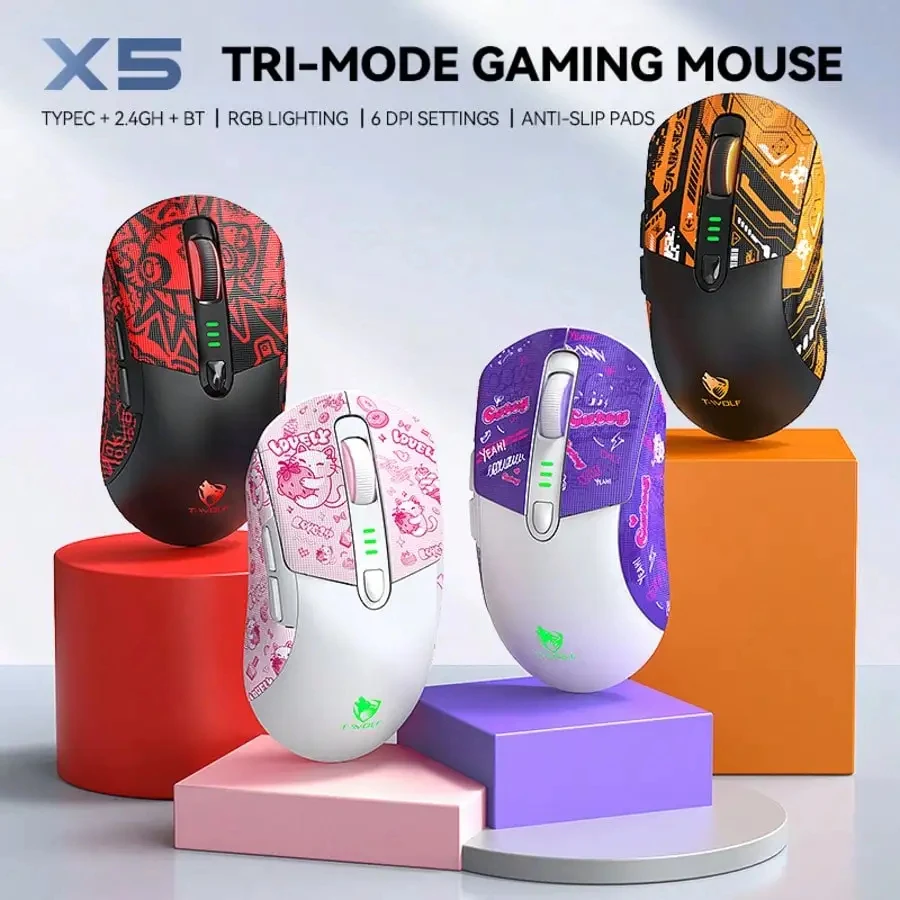 Tri Mode Gaming Mouse Wireless RGB Backlit 12800 DPI 2.4G Bluetooth Type-C Rechargeable Red Ergonomic 1000Hz