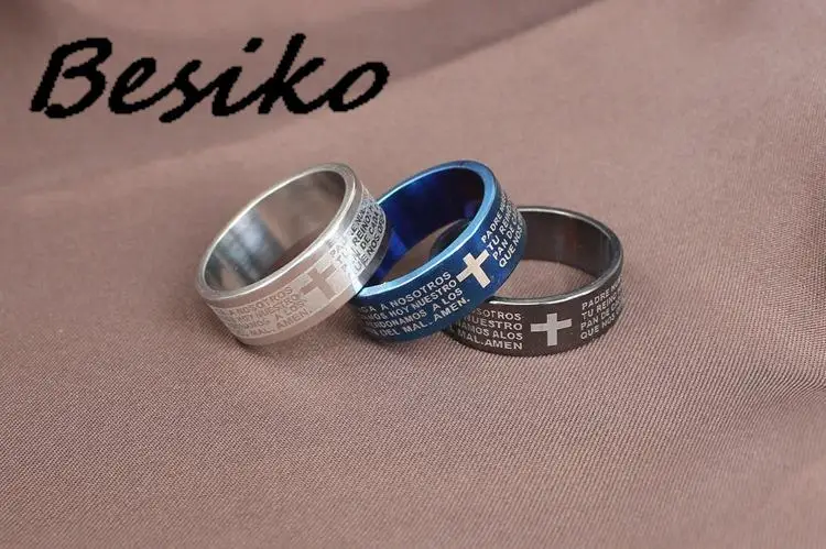 Besiko 2023 8mm Black Spanish Bible Prayer Cross Men Rings Stainless Steel Christian Women Rings Birthday Gifts Wholesale