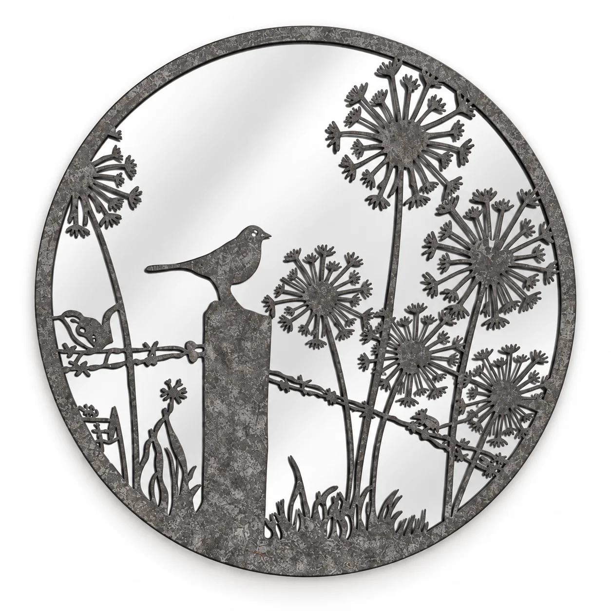 Vintage Metal Wall Mirror, Round Garden Scene with Birds and Dandelions, 60cm Diameter, Rustic Iron Decorative Wall Art