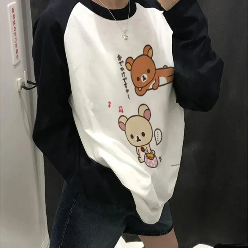 New Kawaii Cute Rilakkuma Long Sleeves Printed Pure Cotton Shoulder Length Long Sleeves Loose Mid Length Top Gift For Girls