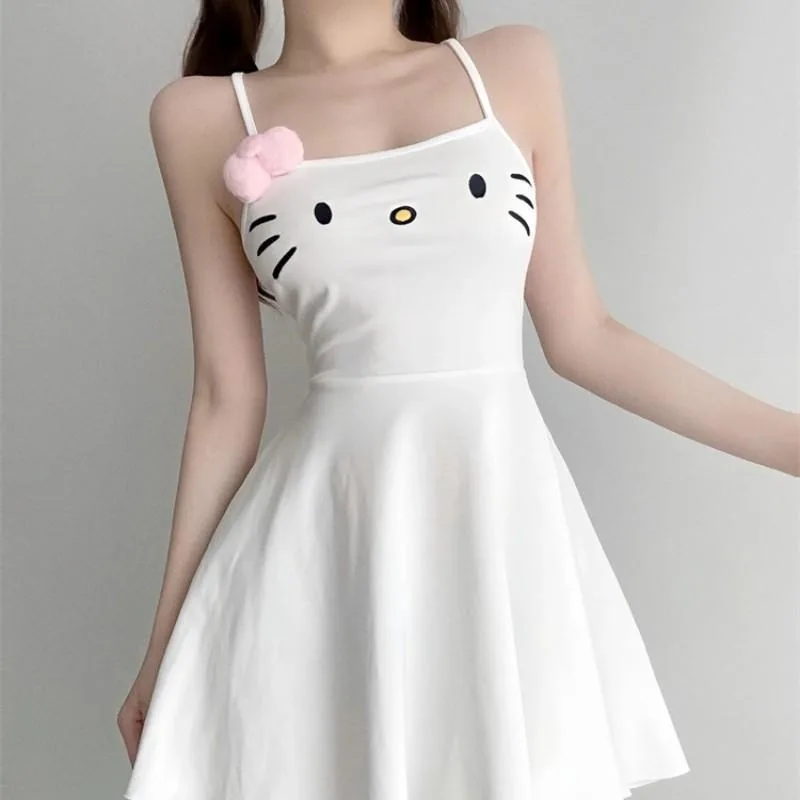 Sanrio sweet and cute short Hello Kitty skirt for women summer kawaii pure lust style slim white suspender dress birthday gift