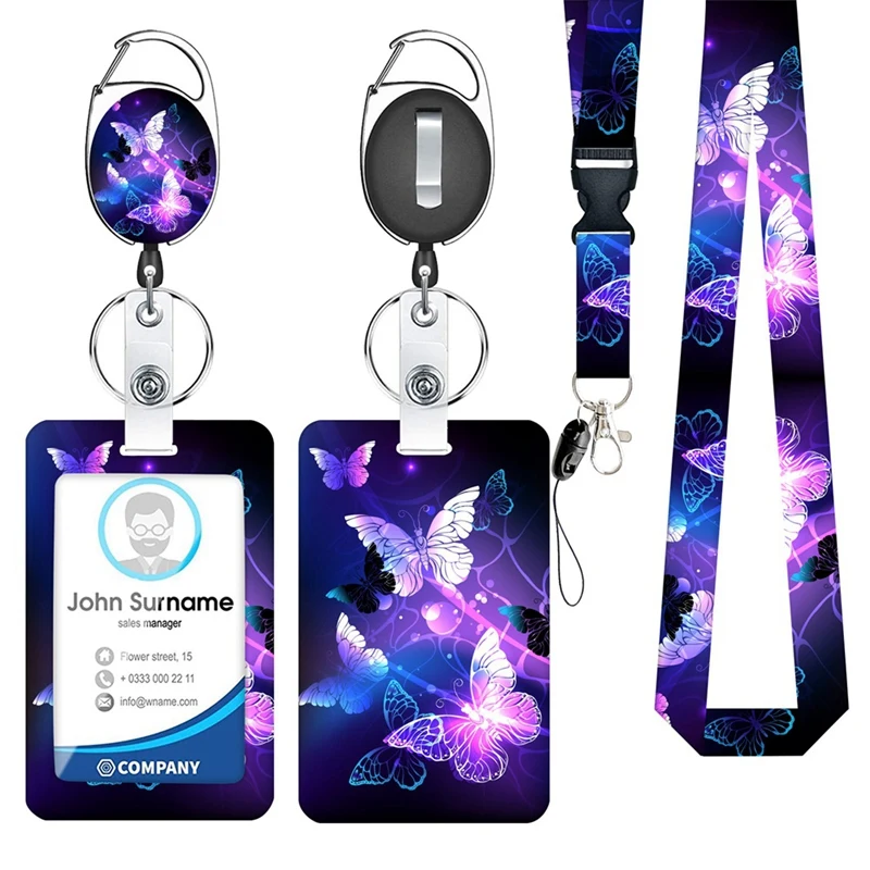 Hand-Sliding Push Cover ID Holder Butterfly Starry UV Digital Printing ID Card Holder Badge Reel Carabiner Reel Clip