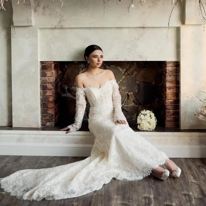 ivory flower Appliques Lace layering Wedding Dresses of fishtail long sleeves Bridal Gowns Made Customized