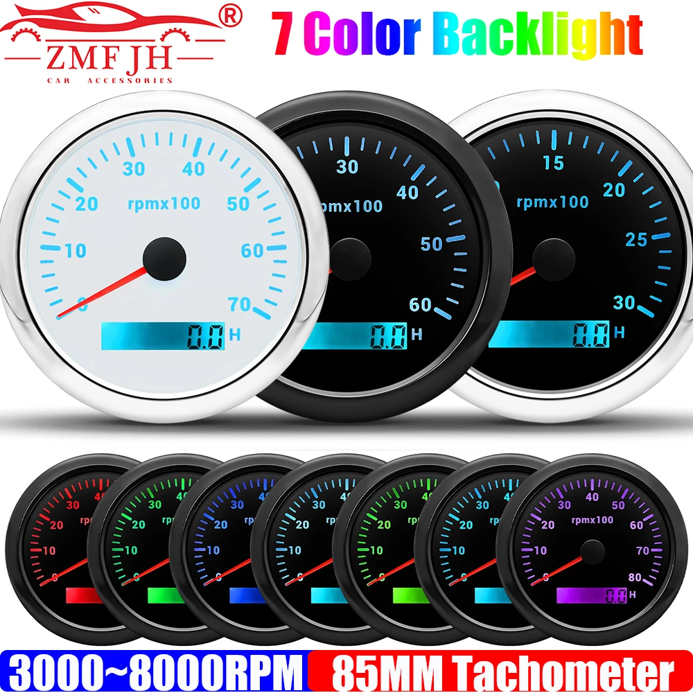 ZMFJH 85MM Tachometer 7 Color Backlight 3000~8000RPM Tacho Gauge for Inboard/Outboard Engine Petrol Diesel Car Boat Yacht 12V24V