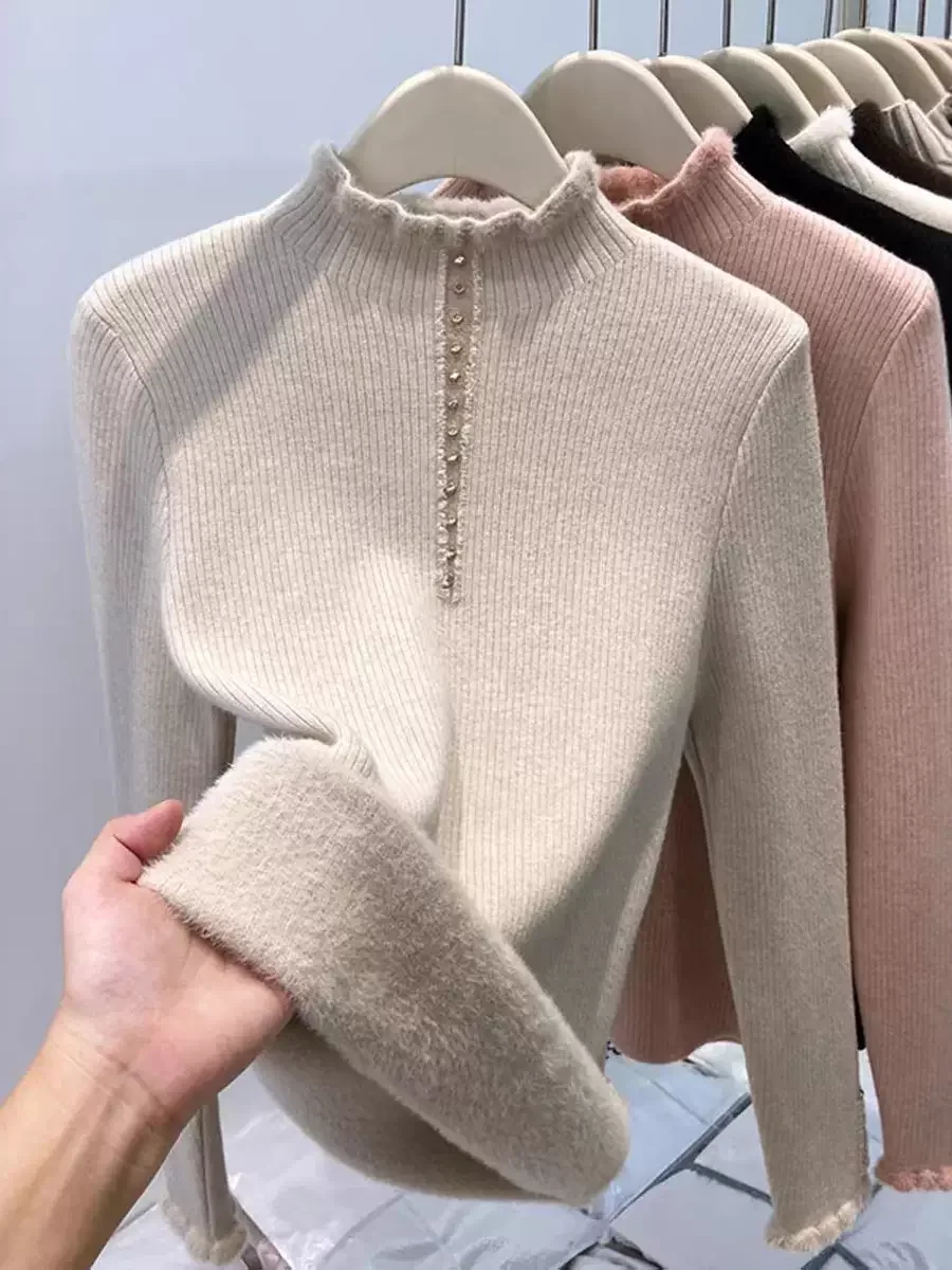 

Thiened Fce Lined Knitted f High Collar Base irt Women's Winter New Sle Warm Ladies Inner Matched Sweater One-Pie...