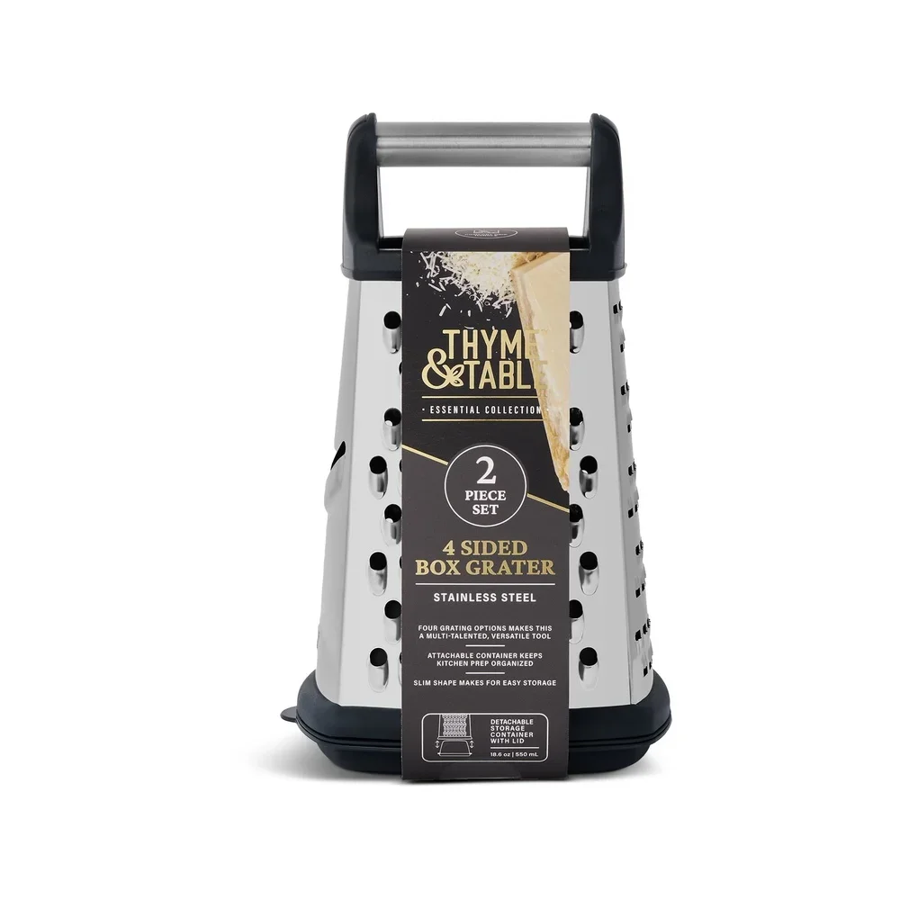 طقم مبشرة من الفولاذ المقاوم للصدأ مكون من قطعتين مكون من 4 جوانب مع حاوية تخزين قابلة للفصل ومقبض مريح وسهل التقطيع والتقطيع