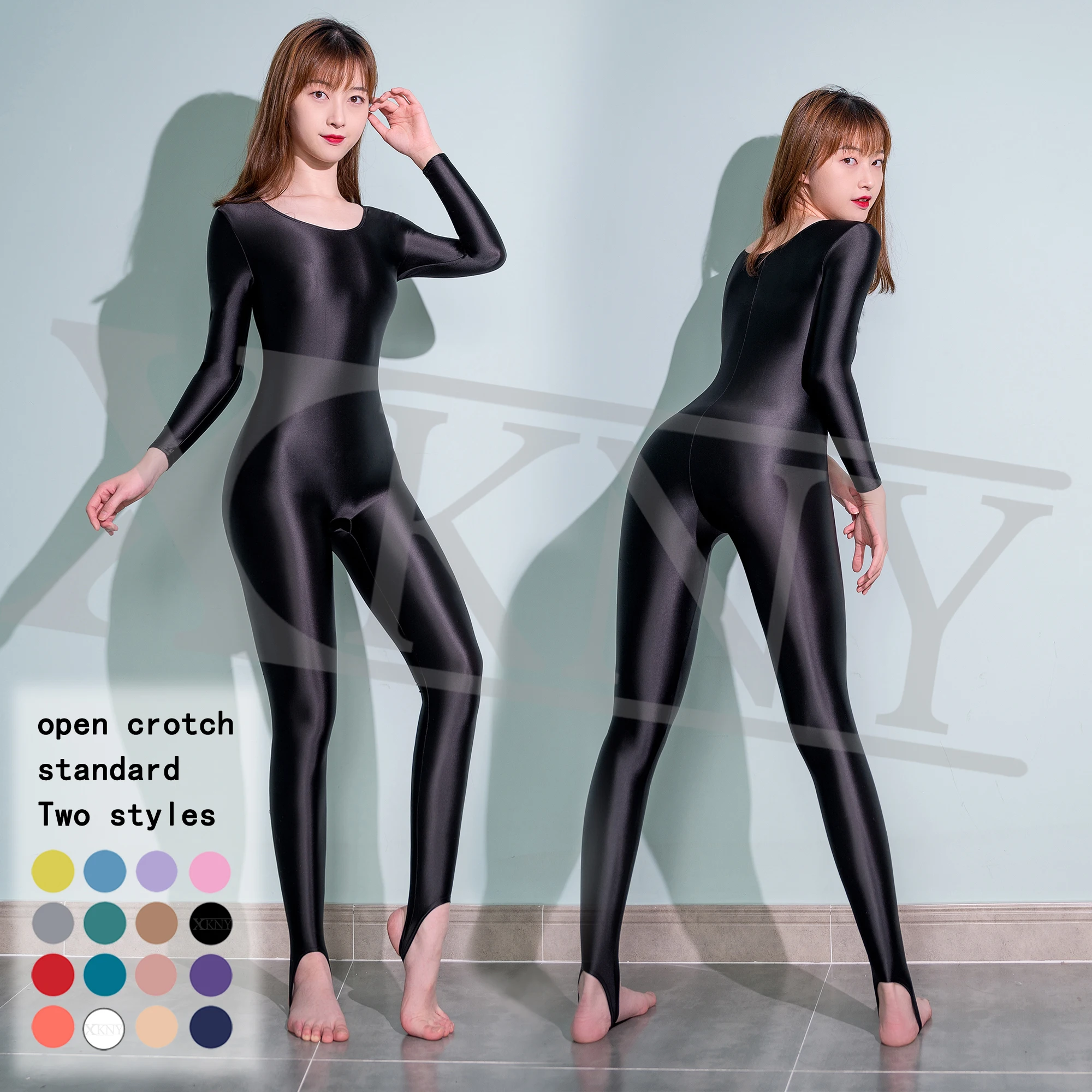 XCKNY oil glossy tights sexy smooth slip round neck one piece pants casual step on one-piece pants sexy yoga glossy jumpsuit