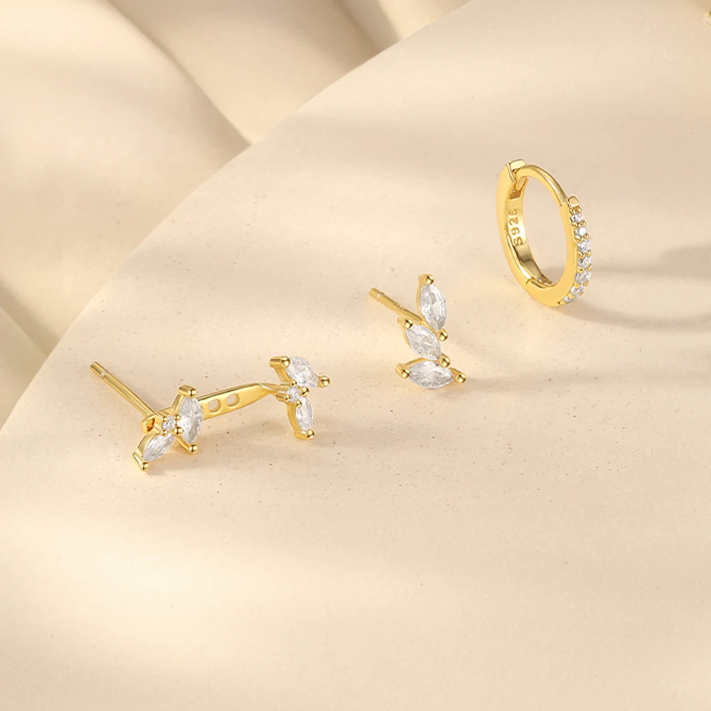 CANNER 3pcs/ Set S925 Sterling Silver Leaf Clear Zircon Piercing Stud Earrings for Women Jewelry Gifts Hoops Brincos Pendientes