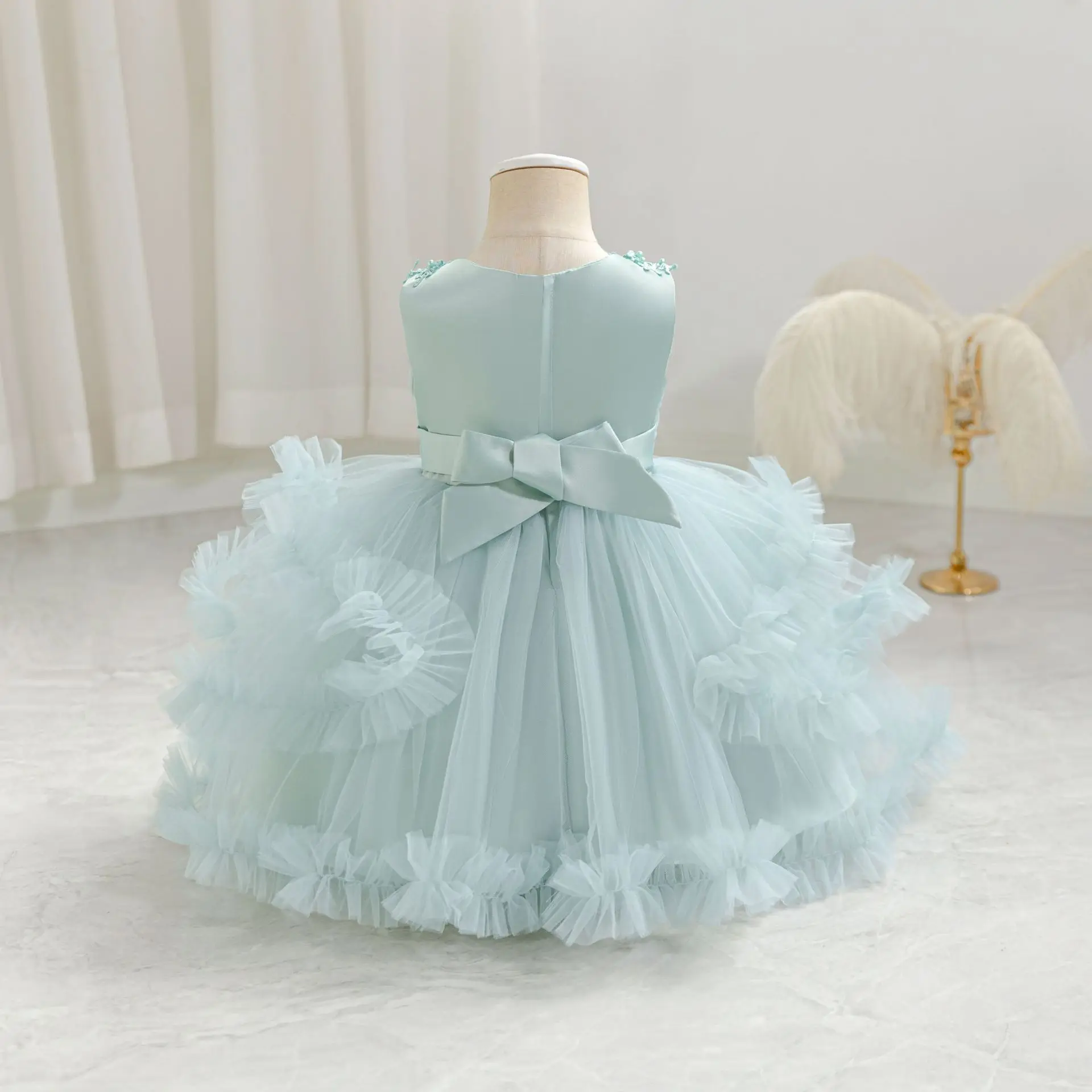 HETISO Girls Sleeveless Mesh Dress Elegant Beading Kids Birthday Party Ball Gown Children Wedding Clothes