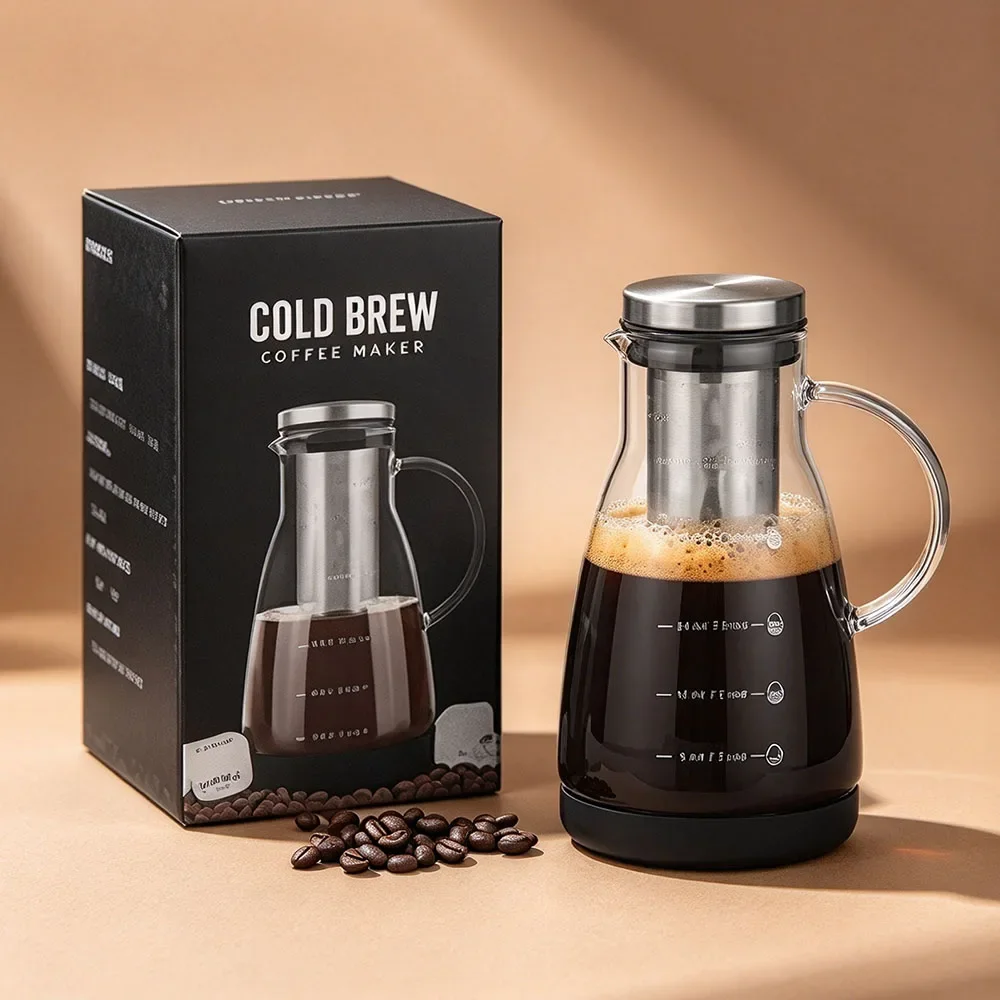 Glass Coffee Cold Brew Maker Pot with Stainless Steel Filter Removable for Iced Coffee Cold Brew Tea Juice Home Office Kitchen