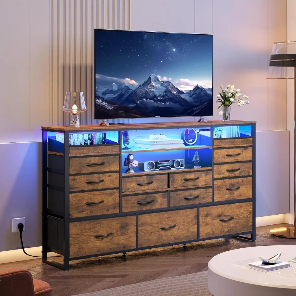 حامل تلفزيون لتلفزيون 55، 60، 65 بوصة، مركز ترفيه مع أضواء LED ومحطة شحن، طاولة وحدة تحكم وسائط التلفزيون