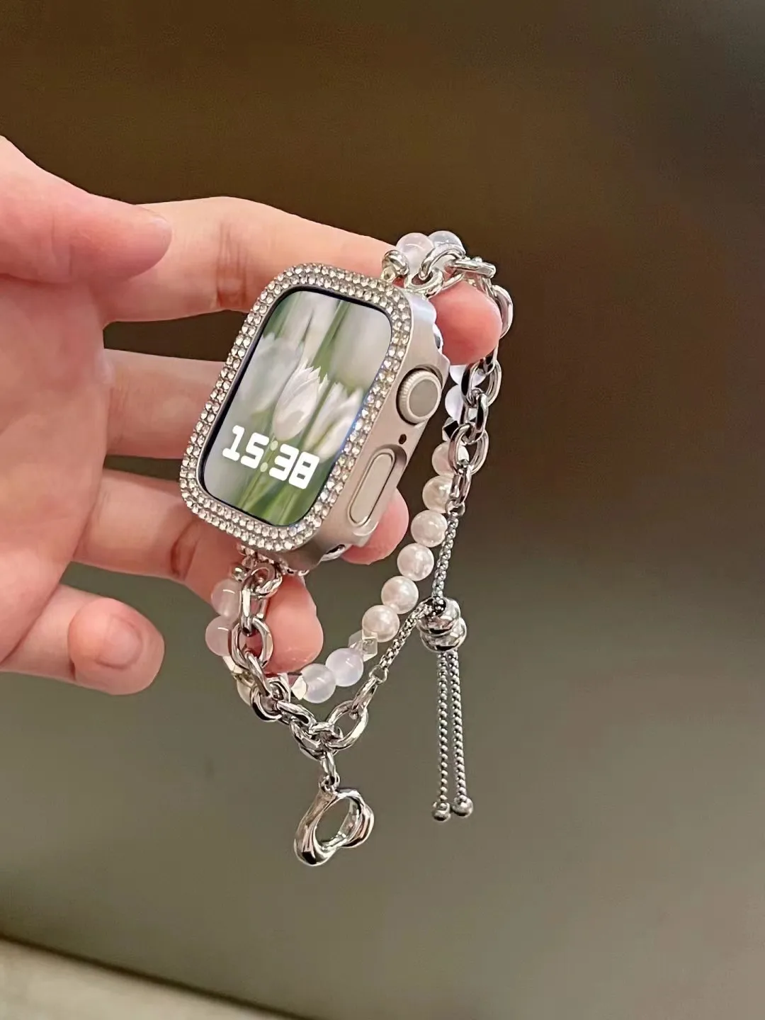 Tali jam tangan untuk iWatch, tali rantai mutiara untuk iWatch 42/38mm 49Ultra 41/45mm 8SE 7 6 5 4 3 2 1 perhiasan gelang wanita untuk iWatch 40/44mm