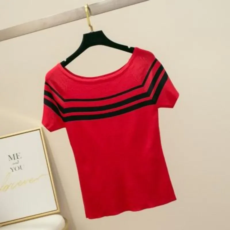 

Женская желтая вязаная блузка с короткими рукавами и вырезом лодочкой в полоску, облегающая повседневная блузка на каждый день