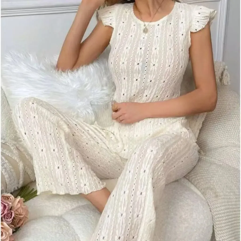 Elegant round Neck Hollow out Sleepwear Women's Set Summer New Textured Backless Short Sleeve Long Pants Home Clothes Two Piece
