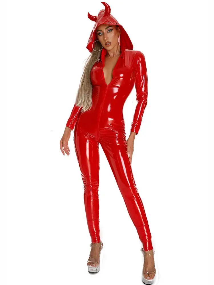 Tuta in PVC effetto bagnato con cappuccio a maniche lunghe tuta in pelle PU lucida con cerniera sul cavallo aperto collant Cosplay body siamesi tuta Sexy