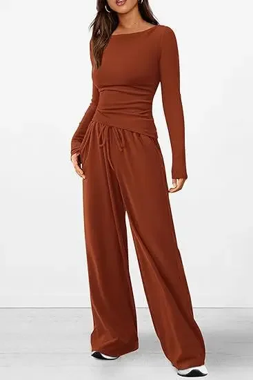 Solid Color Casual Two-piece，asymmetrical Crew Neck Slim-fit Long Sleeve T-shirt, Drawstring Wide Leg Pants,women Spring/autumn