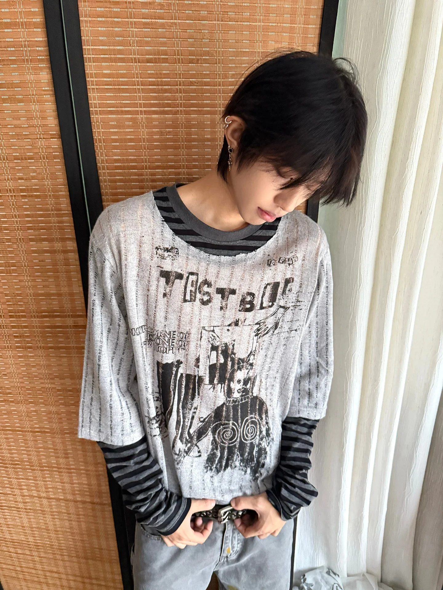 American Style Striped Print Long Sleeve Fake Two-Piece Men's T-Shirt Loose Covering Sun Protection Top for Couples