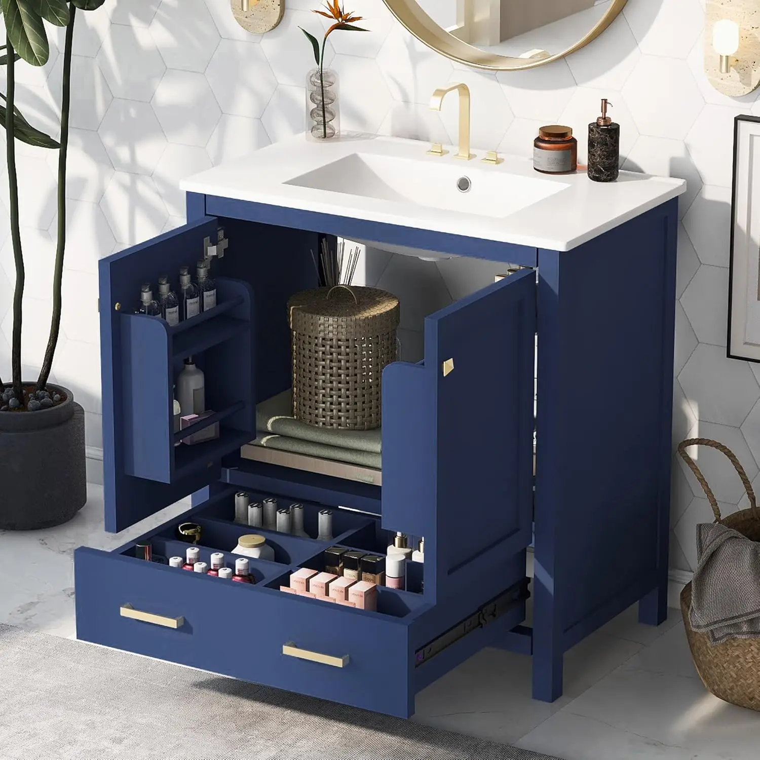 

30in Blue Bathroom Vanity Single Sink Cabinet Undermount Soft Closing Solid Wood Frame Storage 2 Doors 1 Drawer, Customized