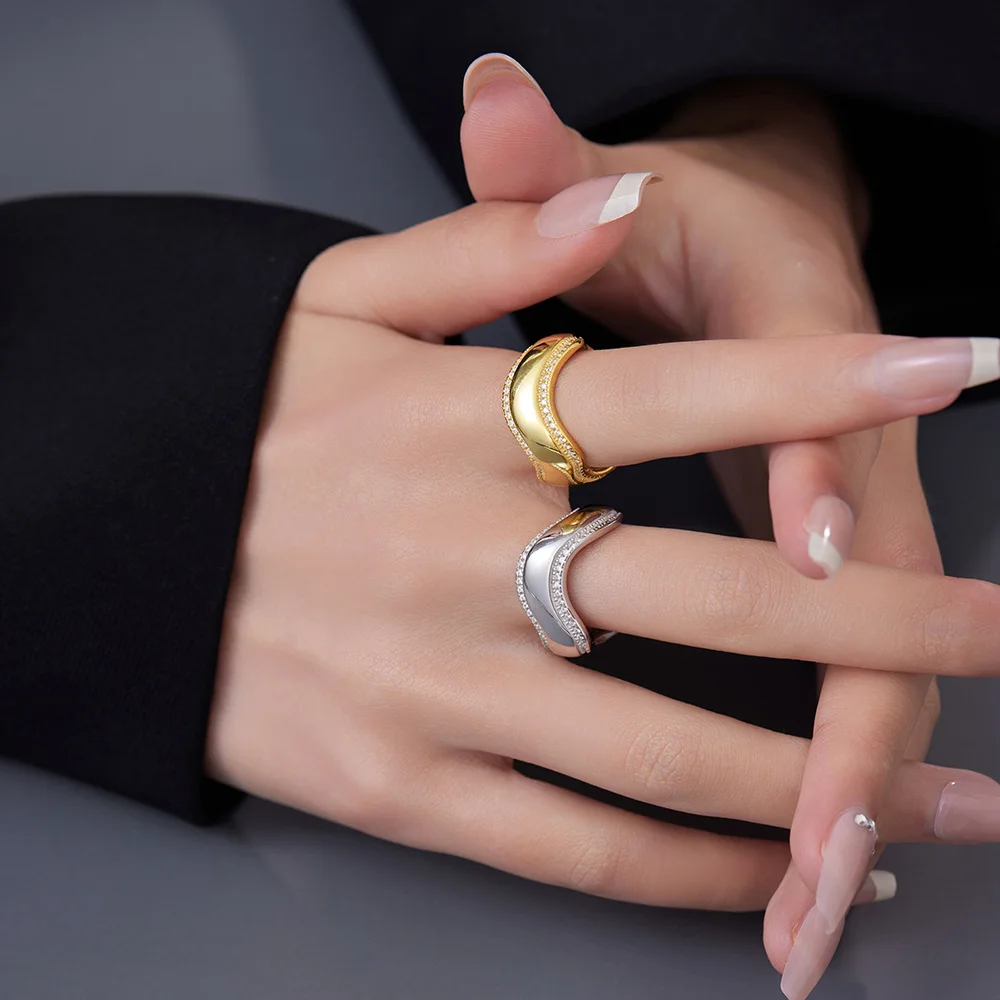 925 Sterling Silver Statement Wave Overlapping Wear Finger Irregular Ring for Women Men Fashion Romantic Couple Jewelry Anillos