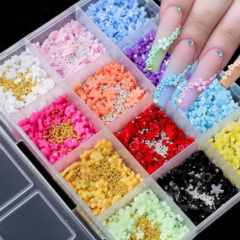 Grote doos 3D Leuke Kleurrijke Acryl Bloemen Nagel Charmes Mix Kaviaar Kralen & Parels 3/6mm Vijf-Bloemblaadje Nagelsteentjes Hars Bloem Bl