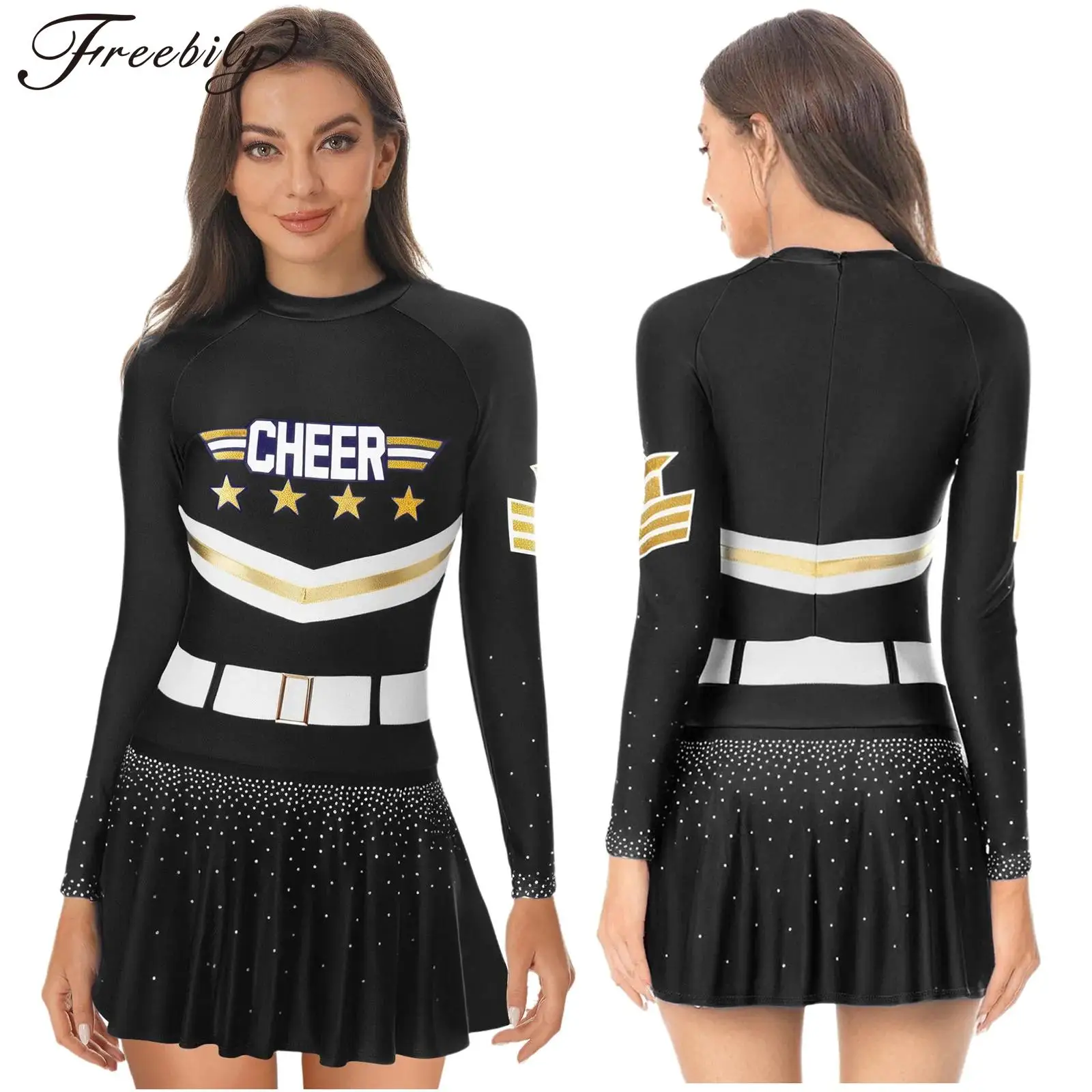 

Women Halloween Cosplay Cheerleader Uniform Fashion Letter Star Stripe Printed Glittery Cheer-leading Dress for Cheerlead Outfit