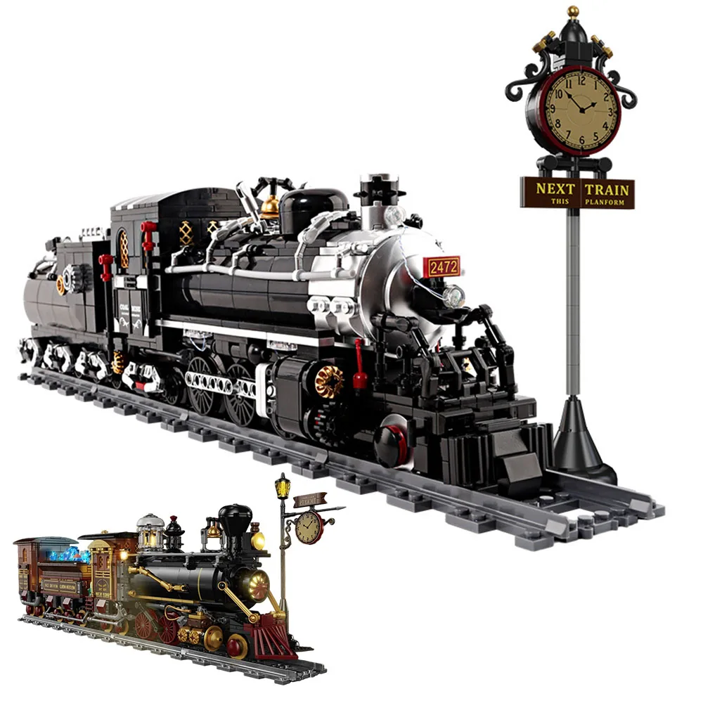 MOC City Transportation Model Building Blocks Technical Steam Train Car With Light LED Brick Toy for Adults Christmas DIY Gifts