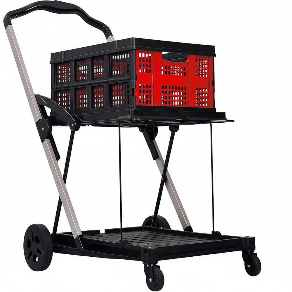 

Collapsible 2-Tier Utility Cart, Wheels, Removable Storage Crate, Aluminium & PP, Portable, Supermarket & Home Use, Red