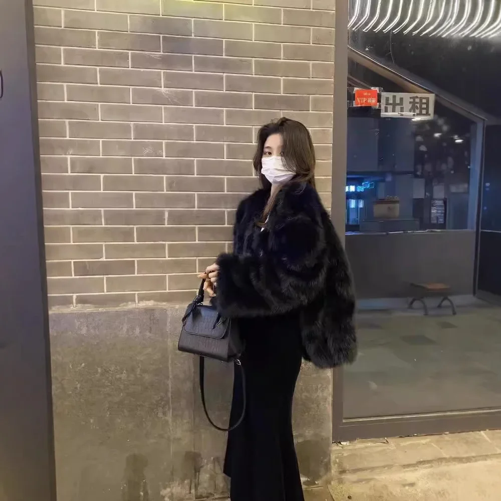 

Women's Furry Coat for Casual Office, 2025 Autumn Winter Short Jacket, V-Neck Long Sleeve Faux Fox Fur Y2K Style Outerwear