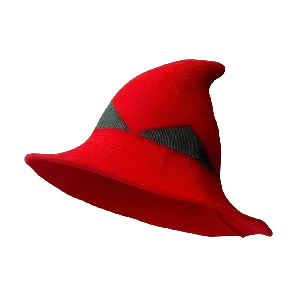 Funny Wide Edges Witch Hat Color Blocked Spire Knitted Wizard Cap Breathable Foldable Halloween Hat Photography Prop