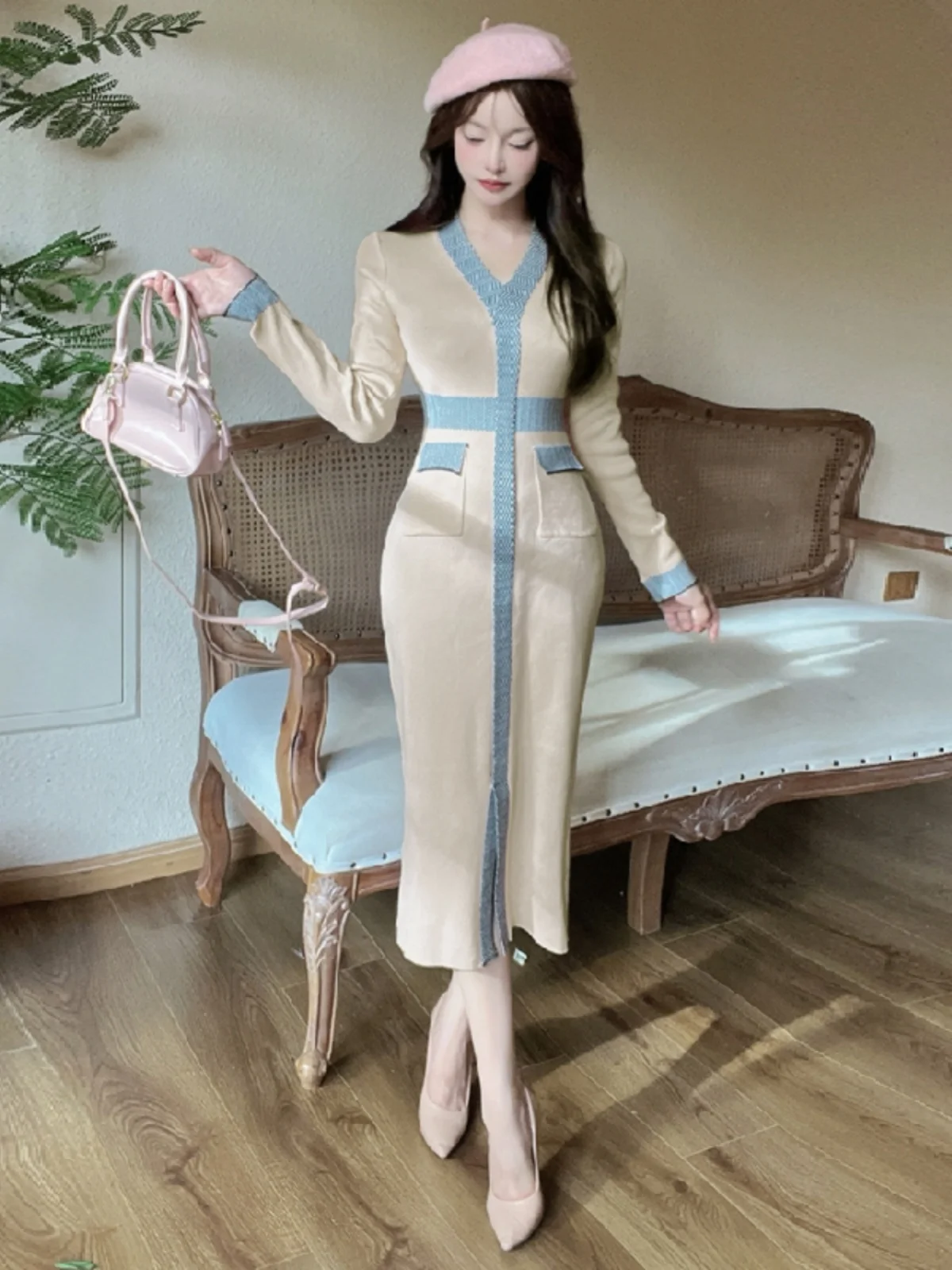 Gaganight Women Color Blocking Fashionable Sexy V neck Knitted Dress 2024 Autumn New French Style Slim Mid Length Bottom Dresses