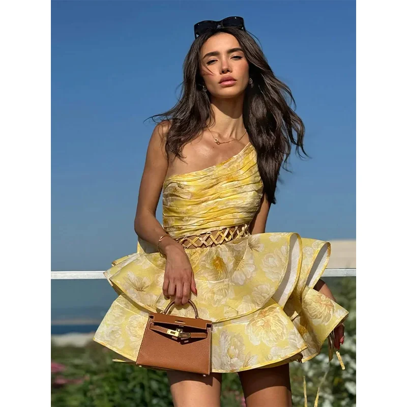 

Single Shoulder Hollow Out Dresses Woman Pleated Printed Sleeveless Short Dress Elegant Fashion New Women's Fluffy Mini Dress
