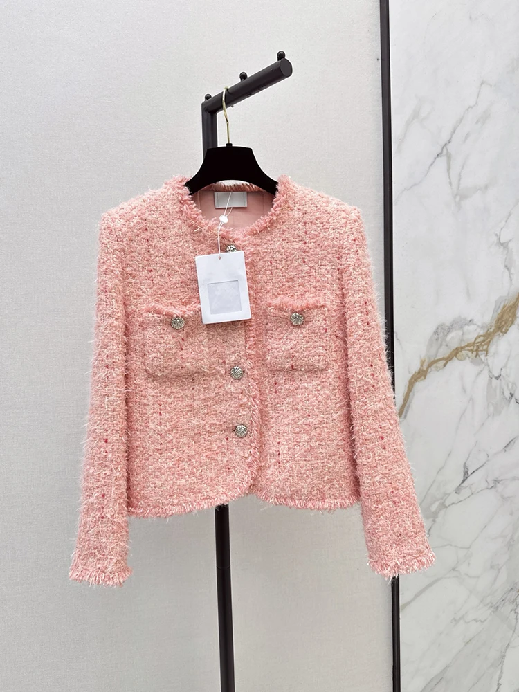 Spring Autumn Fashion Pink Casual Weave Straight Barrel Jackets Women's O-Neck Tassel Pockets Single Breasted Long Sleeve Coat