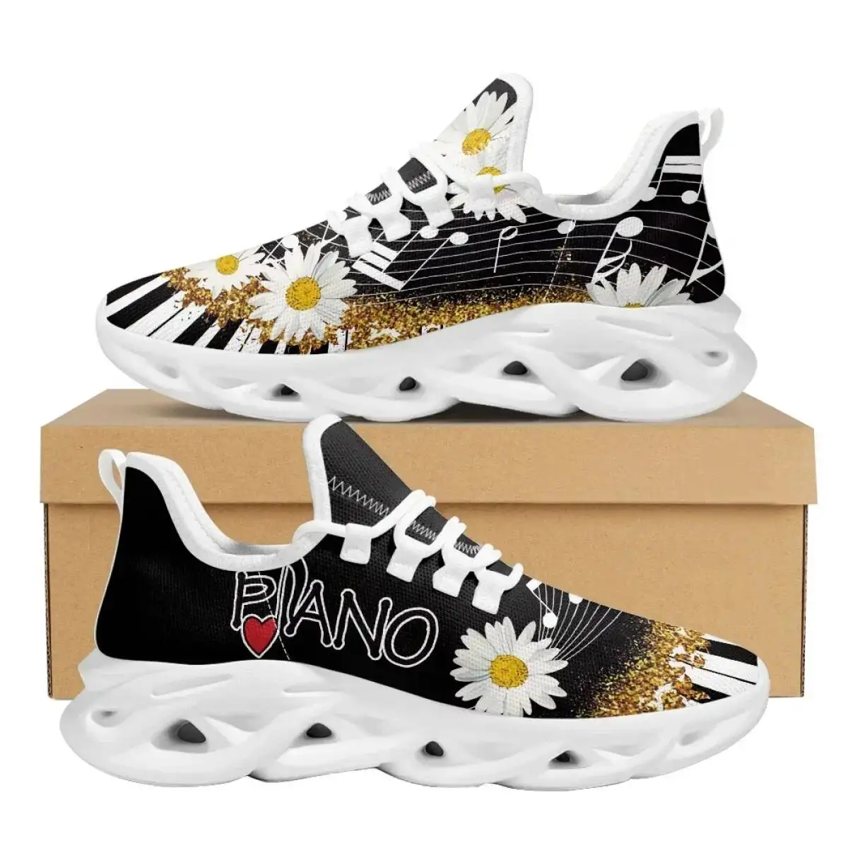 Piano Daisy Printed Ladies Mesh Sneakers Non-Slip Air Cushion Running Shoes For Women Musical Note Design Walking Tennis