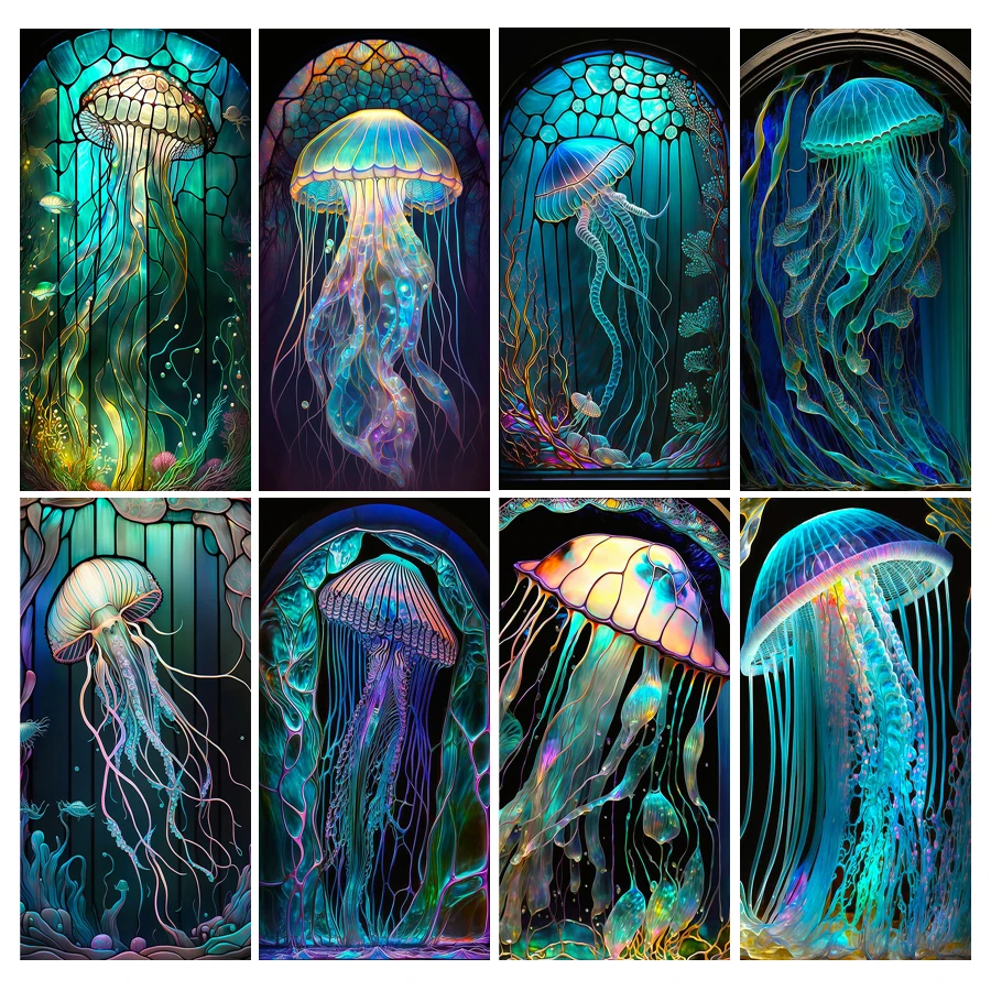 

Diy Mosaic Arts New Collection Colored Glass Jellyfish Diamond Painting Full Rhinestone Embroidery Marine Animals Picture JX0013