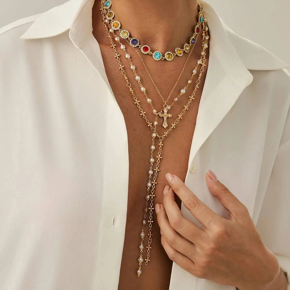 PuRui 4Pcs/Set Trendy Bohemia Colorful Rhinestone Choker Necklace Women Exquisite Imitation Pearl Cross Pendant Necklace Jewelry
