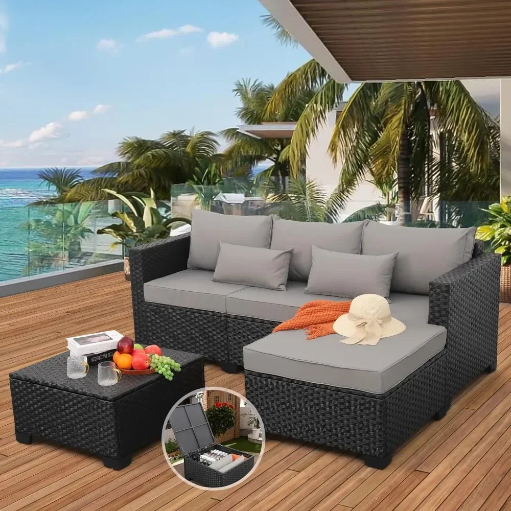 

3 Pieces Patio Furniture Set Outdoor Sectional Wicker Patio Furniture Patio Couch with Ottoman and Outdoor Storage Table